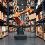 A high-tech warehouse featuring a robotic arm handling and organizing packages on industrial shelves.