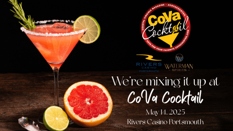 A pink grapefruit cocktail in a salt-rimmed glass beside citrus, with "We're mixing it up at CoVa Cocktail, May 14, 2025" text.