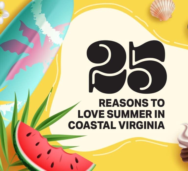 Graphic with a large "25" and the words "Reasons to Love Summer in Coastal Virginia," surrounded by a surfboard, watermelon, seashell and ice cream.