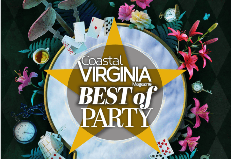 Coastal Virginia Magazine "Best of Party" 2025 cover graphic with a gold star, playing cards, flowers, clocks, and teacups.