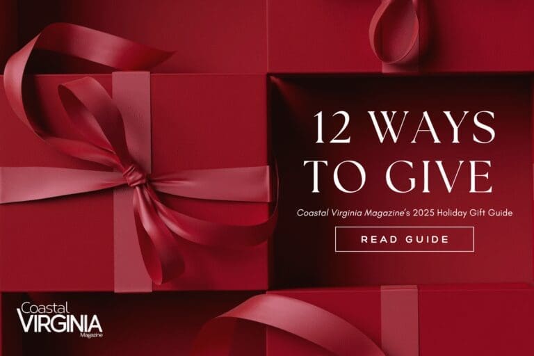 Red gift boxes with satin ribbon bows beside text reading "12 Ways to Give" and "Read Guide," with the Coastal Virginia Magazine logo.
