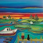 Colorful stylized painting of a sunset marsh scene with a person and dog fishing from a dock beside boats.