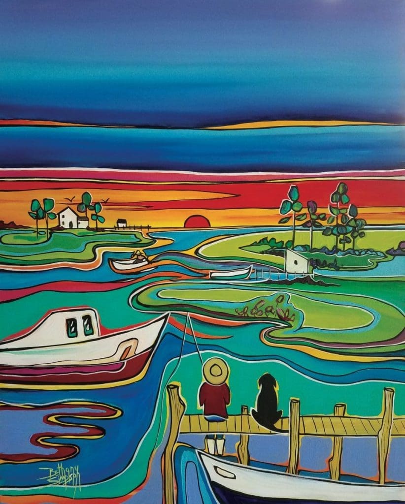 Colorful stylized painting of a sunset marsh scene with a person and dog fishing from a dock beside boats.