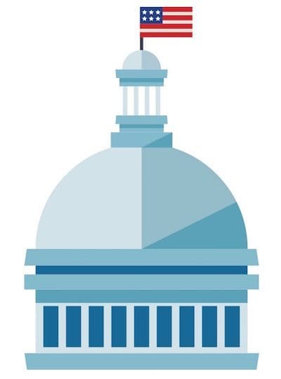 A flat blue illustration of a domed capitol building topped with a small American flag.