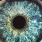 Extreme close-up of a blue-green human eye showing the iris's fine radiating fibers and dark pupil.