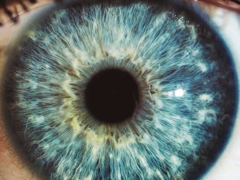 Extreme close-up of a blue-green human eye showing the iris's fine radiating fibers and dark pupil.