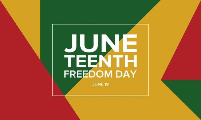 Graphic with red, green, and gold geometric shapes and white text reading "JUNETEENTH FREEDOM DAY, JUNE 19.