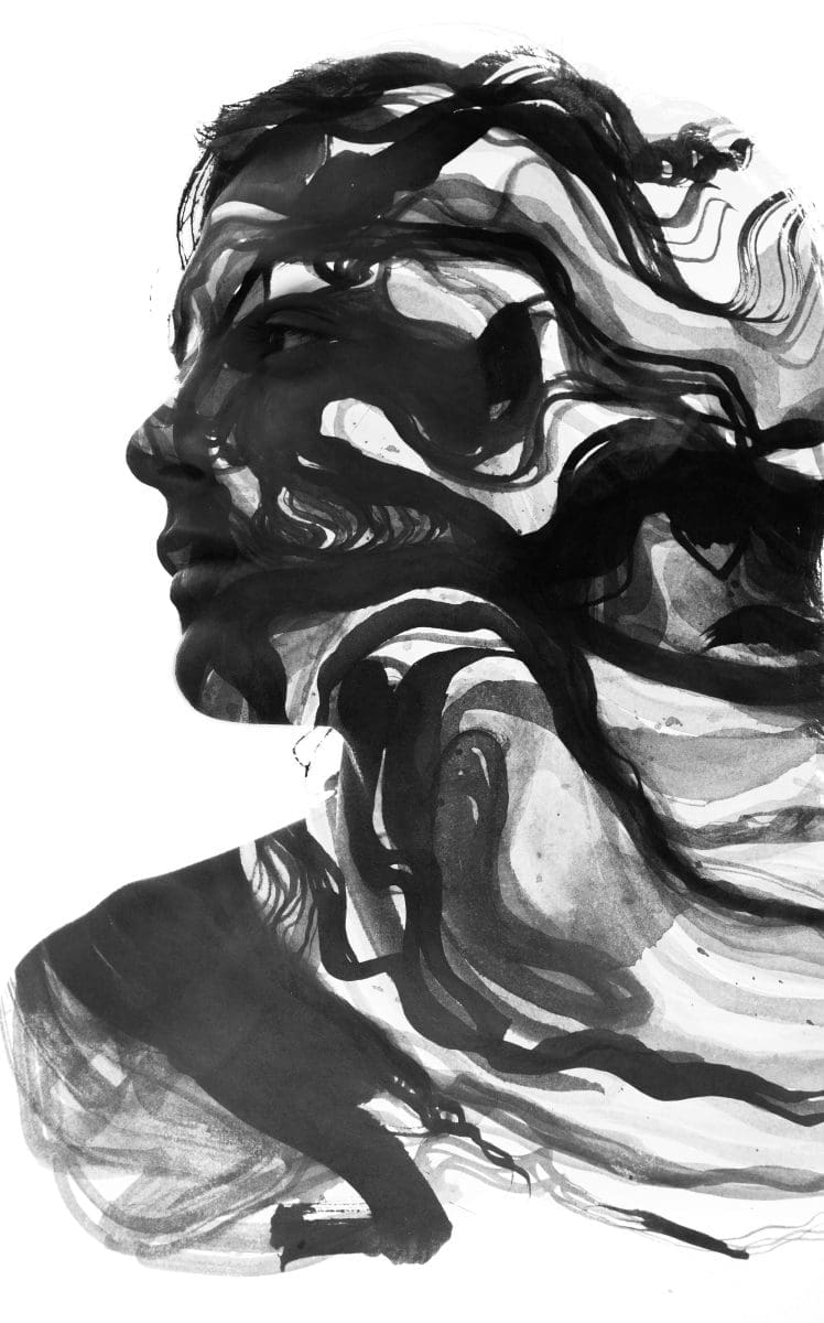 A black-and-white ink painting of a person's profile, with swirling dark brushstrokes flowing across the face, hair, and neck.