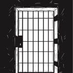 A black-and-white sketch of a barred jail cell door with a keyhole, set in a dark stone doorway.