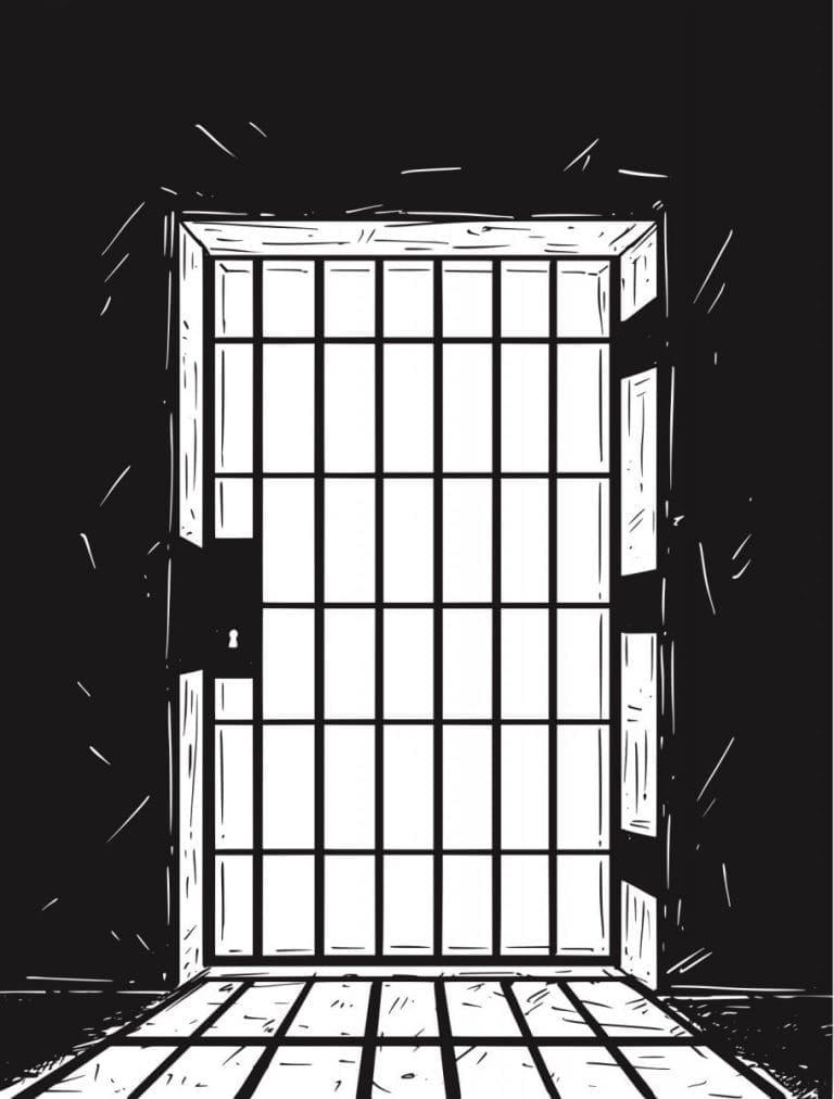 A black-and-white sketch of a barred jail cell door with a keyhole, set in a dark stone doorway.