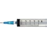 A clear plastic syringe with a blue hub and needle, graduated in milliliters from 1 to 5.