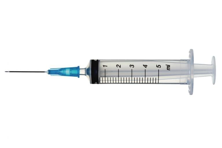 A clear plastic syringe with a blue hub and needle, graduated in milliliters from 1 to 5.
