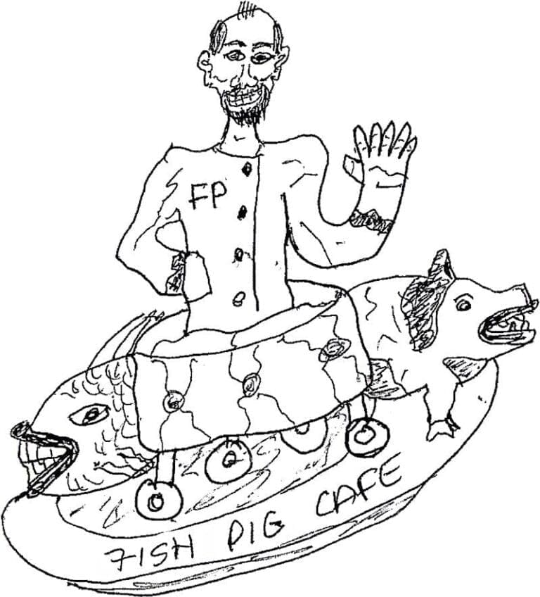 Pen sketch of a waving chef riding a fish-pig hybrid labeled "FISH PIG CAFE," with "FP" on his jacket.