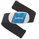 Black elastic heart rate monitor chest strap with a white and blue Wahoo sensor module displaying the Wahoo logo.