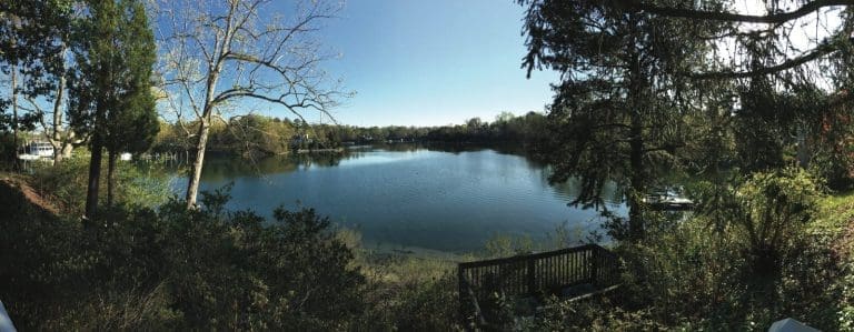 A calm lake framed by bare and evergreen trees, with a wooden deck overlooking the water on a sunny day.
