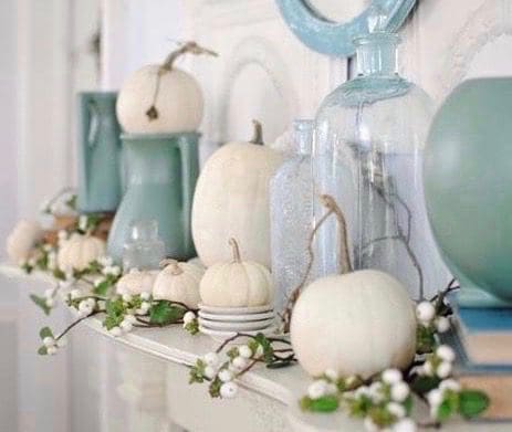 fall home decor, white mantle pumpkins