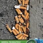 Cigarette butts litter a gray asphalt gutter beside a green "Team Up 2 Clean Up" logo and a trash can with a blue bag.
