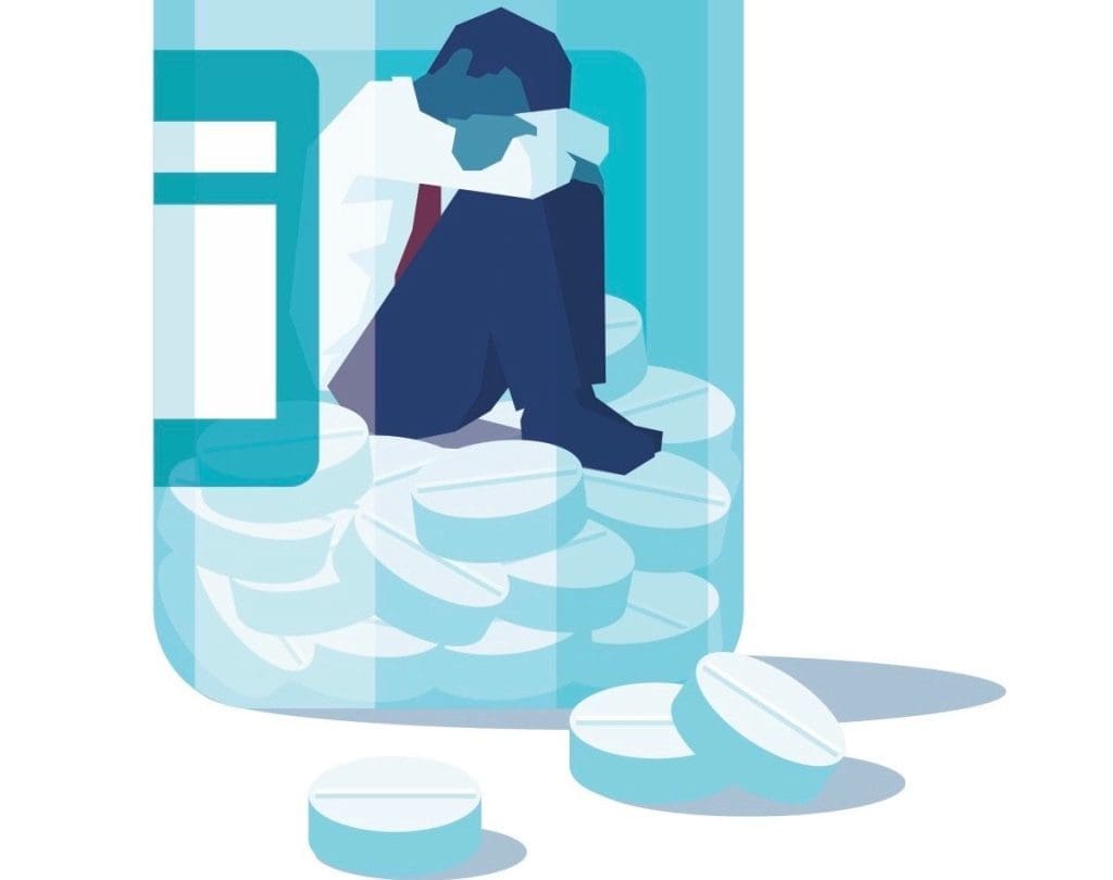 Illustration of a slumped, hunched-over figure sitting atop a pile of pills spilling from a prescription bottle.
