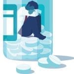 Illustration of a slumped, hunched-over figure sitting atop a pile of pills spilling from a prescription bottle.