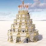 A tiered, multi-level sculpture of gold lattice and white panels topped with flaming torches, with silhouetted figures on a white desert playa.