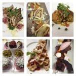 Six-panel collage of plated dishes: grilled fish, crab cake, chocolate truffles, waffles, and a dessert plate.