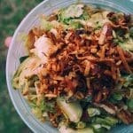 A plastic bowl of shredded green salad topped with crispy fried onion strings, pecans, and dressing, held outdoors over grass.