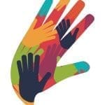 A large hand silhouette filled with overlapping smaller hands in teal, orange, red, green, and navy.
