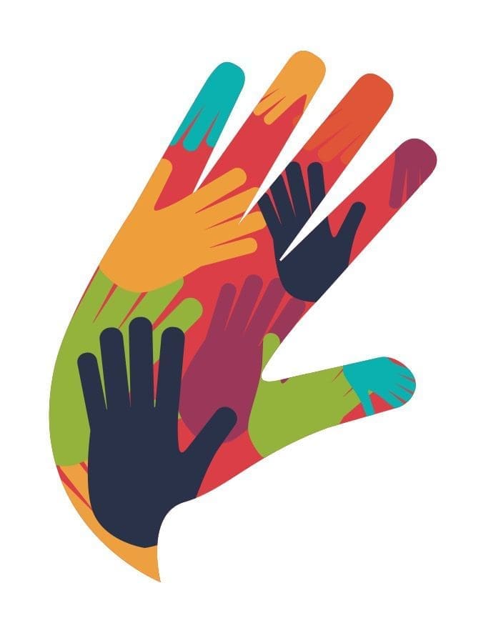 A large hand silhouette filled with overlapping smaller hands in teal, orange, red, green, and navy.