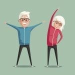Senior people and gymnastics. Elderly couple. Grandparents doing exercises. Sport. Morning exercises. Cartoon vector illustra