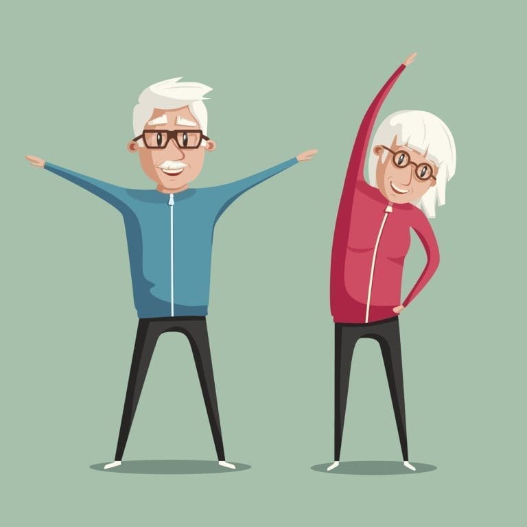 Senior people and gymnastics. Elderly couple. Grandparents doing exercises. Sport. Morning exercises. Cartoon vector illustra