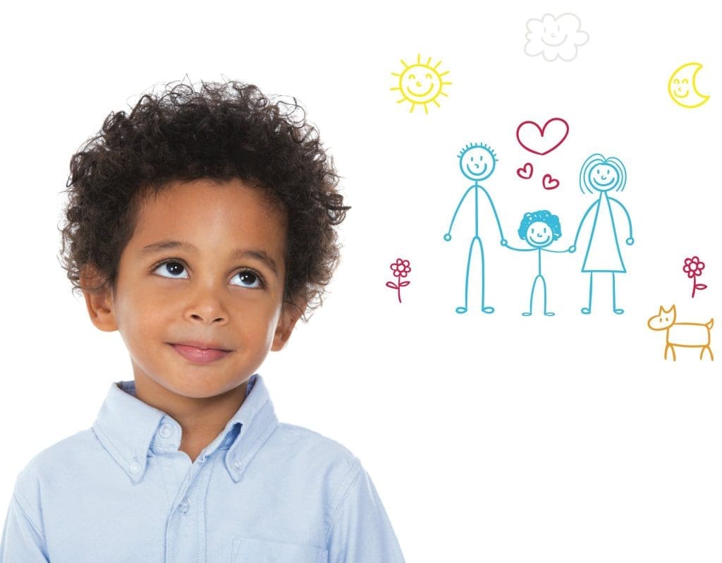 little boy imagine his future life in a new home with foster parents