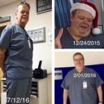 Three photos of a man in gray scrubs dated 12/24/2015, 2/01/2016, and 7/12/16, showing weight loss progress.
