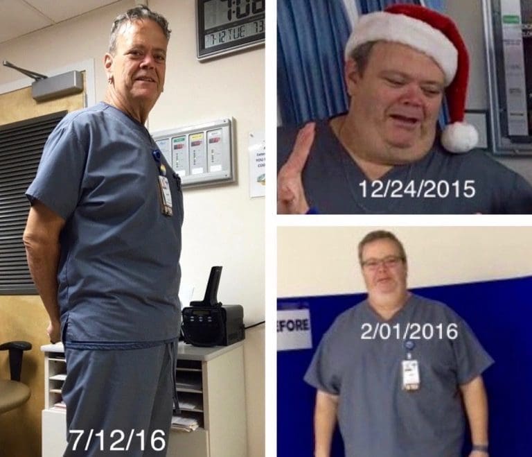 Three photos of a man in gray scrubs dated 12/24/2015, 2/01/2016, and 7/12/16, showing weight loss progress.