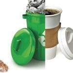 A split image of a green recycling bin with crumpled paper beside a white coffee cup with cork sleeve, plus a hermit crab.