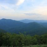 Hazy blue-green Blue Ridge mountain ridges rolling under a pale sky, with trees in the foreground.