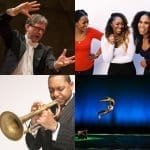 Four-panel collage: a conductor in a tuxedo, three smiling women, a trumpeter in a pinstripe suit, and an acrobat leaping over blue water.
