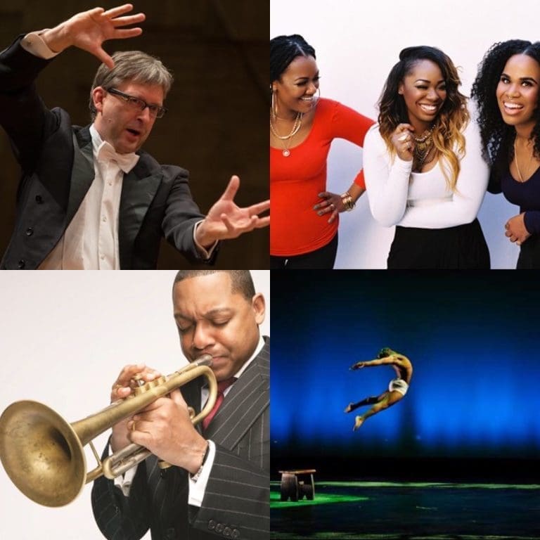 Four-panel collage: a conductor in a tuxedo, three smiling women, a trumpeter in a pinstripe suit, and an acrobat leaping over blue water.