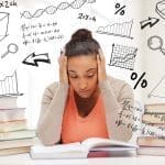 education and college concept - tired student with pile of books and notes studying indoors