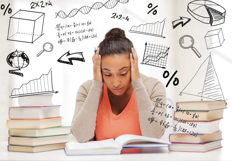 education and college concept - tired student with pile of books and notes studying indoors