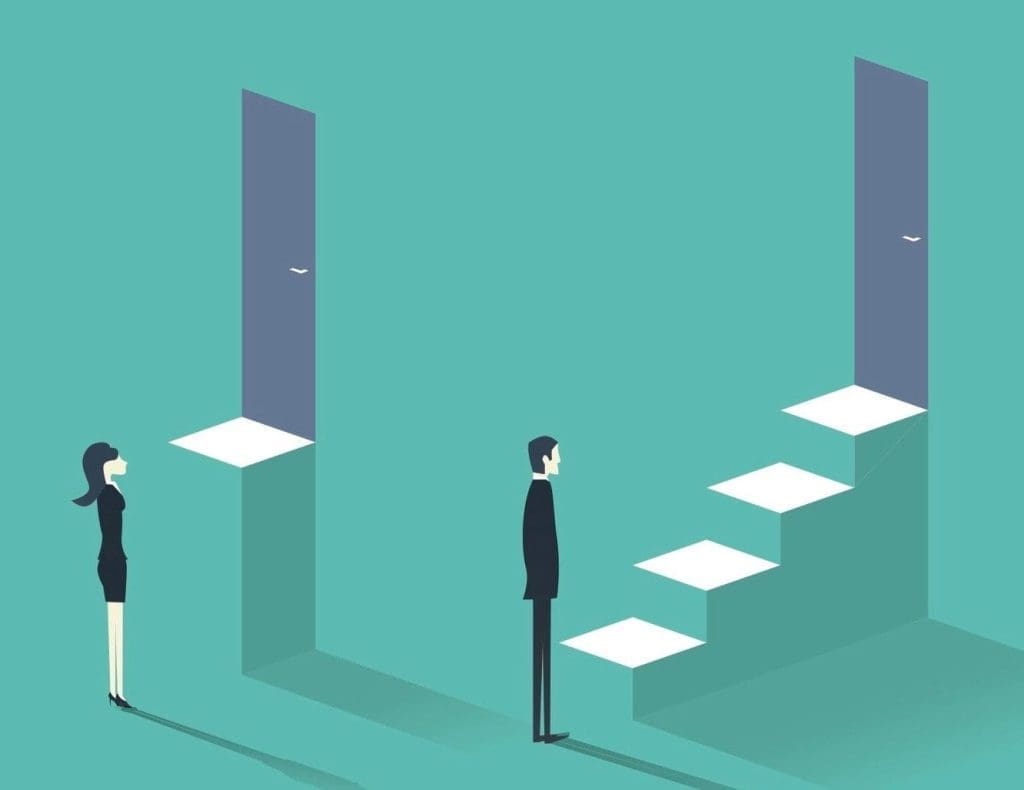 Illustration of a businesswoman facing a tall door on a platform while a businessman climbs a staircase to a higher door.