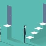 Illustration of a businesswoman facing a tall door on a platform while a businessman climbs a staircase to a higher door.