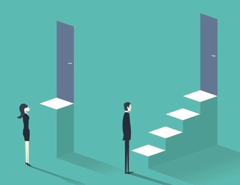 Illustration of a businesswoman facing a tall door on a platform while a businessman climbs a staircase to a higher door.