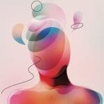 Digital illustration of surrealistic faceless human with spiritual thoughts. Made with vector vibrant color gradient geometry