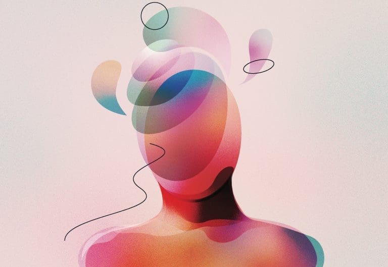 Digital illustration of surrealistic faceless human with spiritual thoughts. Made with vector vibrant color gradient geometry