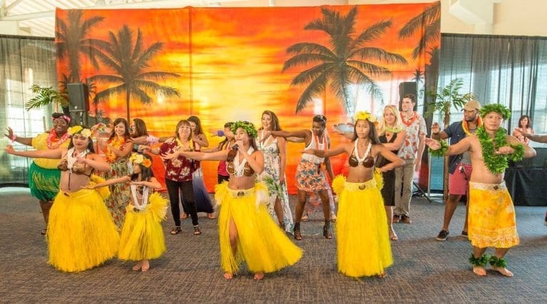 A group of dancers in yellow grass skirts and flower leis performs hula in front of a painted tropical sunset backdrop.