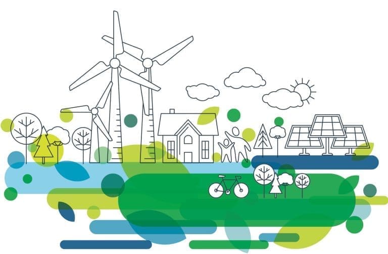 Line illustration of wind turbines, solar panels, a house, a bicycle and trees over green and blue shapes.