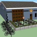 Rendering of a blue building with a wooden garage door, patio tables in planters, and parked bicycles.