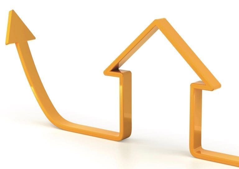 "3d render of a rising arrow, shaped like a house, clipping path providedClick"