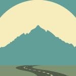 Flat illustration of a winding two-lane road leading toward a teal mountain silhouetted against a large pale sun.