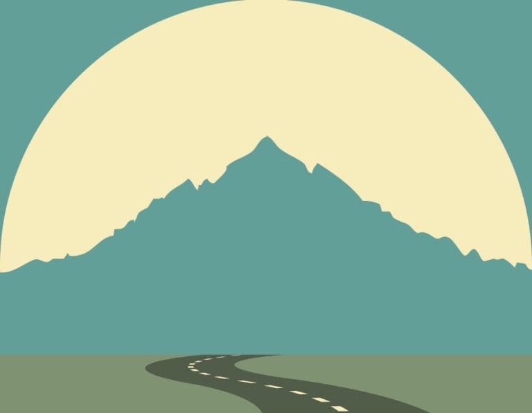 Flat illustration of a winding two-lane road leading toward a teal mountain silhouetted against a large pale sun.
